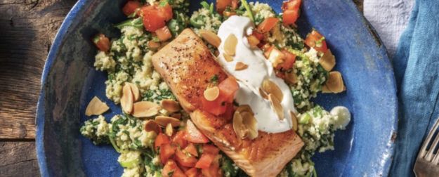 Seared Salmon & Herbed Couscous with Lemon Yoghurt & Toasted Almonds