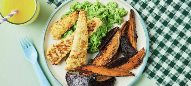 Baked Fish and Veggie Wedges with Mashed Peas